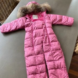 Moncler - Size 2 - Baby Toddler Pink Down Snow Suit with Dyed Blue Fox Fur Hood